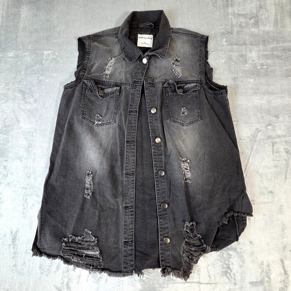 Mens Highway Jeans Black Jean Vest Thrashed all over 80's 90's Rock n roll LArge
